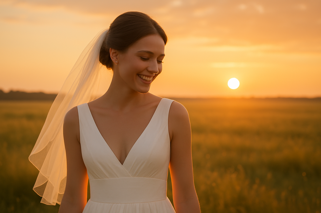 Novia sonriendo con vestido de novia sencillo y elegante al amanecer en un campo, estilo romántico y accesible, Novia Perfecta.