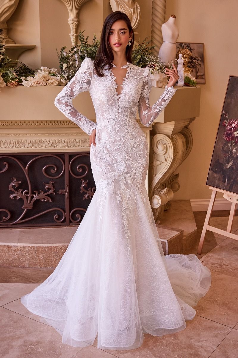 Vestido de novia sirena con escote en V y encaje en mangas largas